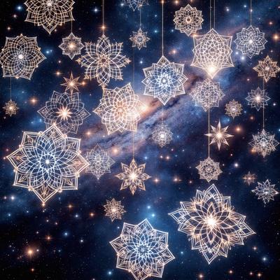 The primary subject of the image is a beautifully crafted design of stars, which is the main focus of the image. The setting is a dark, starry sky, creating a sense of depth and mystery. The visual style is a combination of digital art and illustration, with the stars appearing as intricate patterns. The colors and mood of the image are predominantly blue and serene, evoking a sense of wonder and awe.